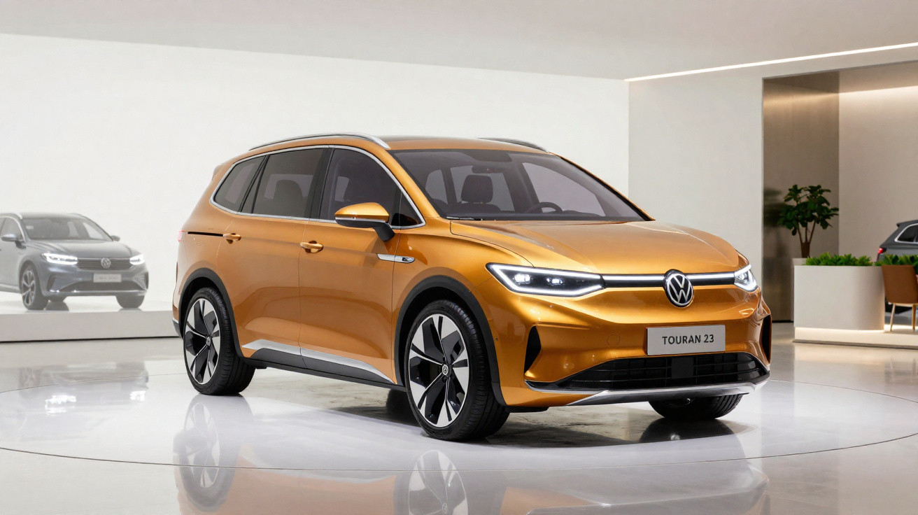 Carro Volkswagen Touran 2023 na cor laranja exibido em ambiente interno moderno e iluminado.