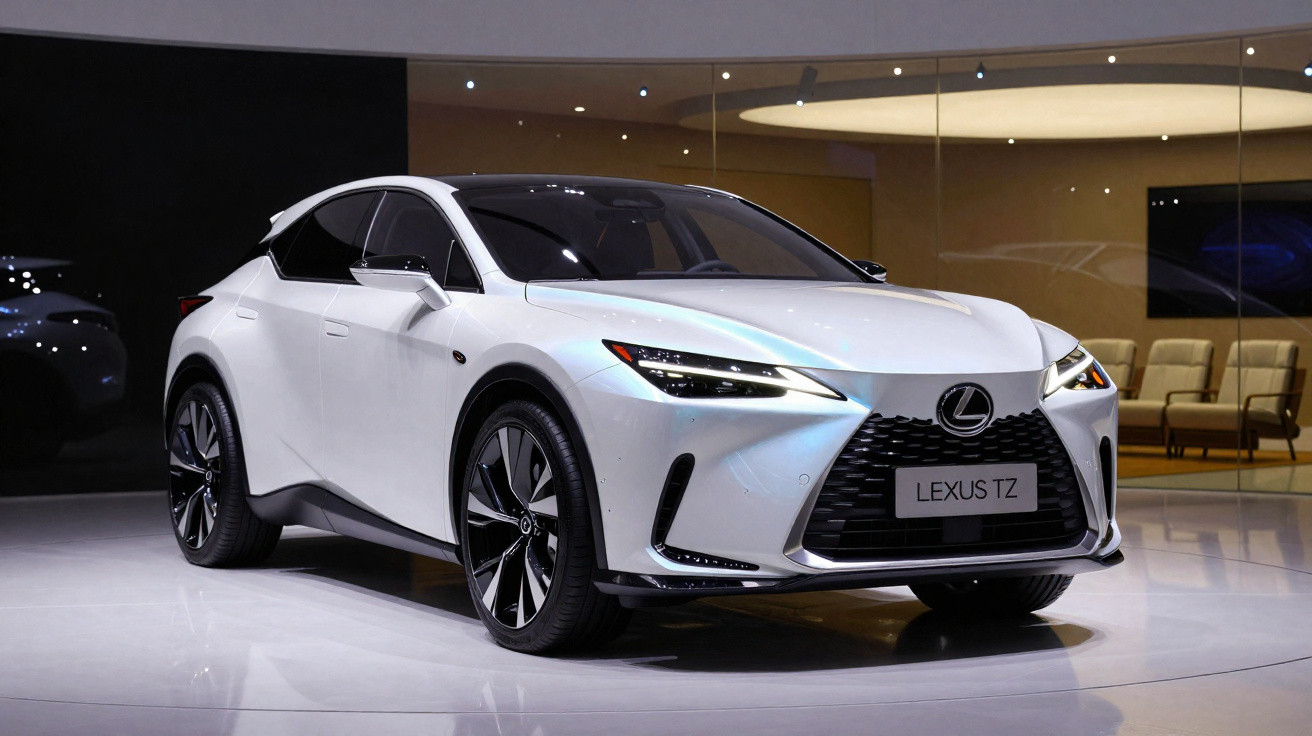 Carro SUV Lexus TZ branco, moderno e elegante, exposto em ambiente interno com iluminação suave.