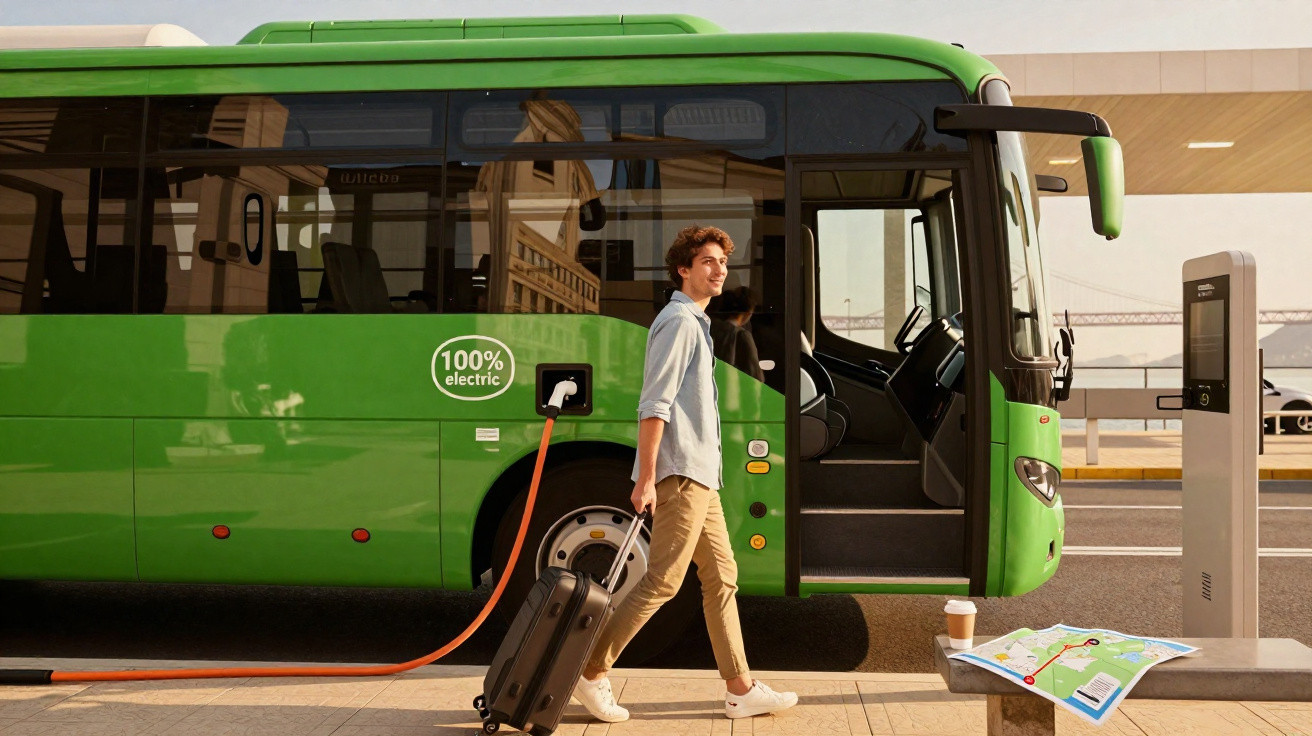 Homem com mala puxando caminha próximo a ônibus verde 100% elétrico em ponto de parada.