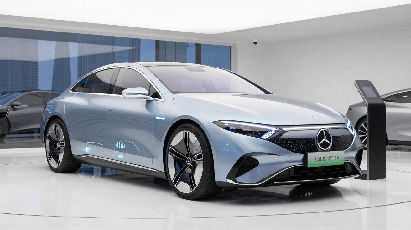 Carro elétrico Mercedes-Benz Solstice EV azul claro em exposição moderna e iluminada.