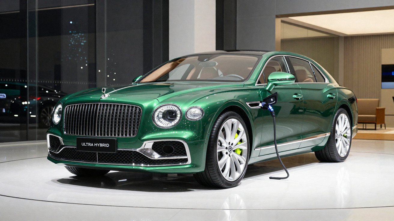 Carro de luxo verde Bentley Ultra Hybrid carregando bateria em salão moderno.