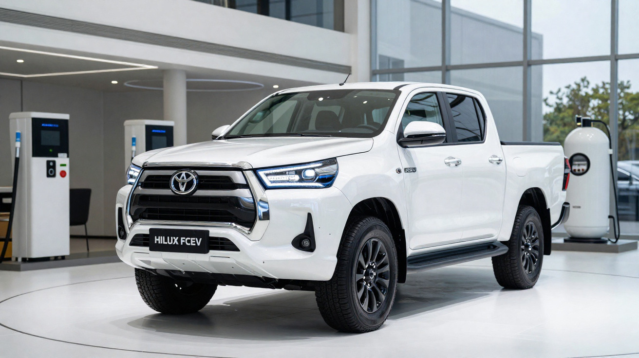 Picape Toyota Hilux FCEV branca em exposição, com design moderno e rodas pretas.