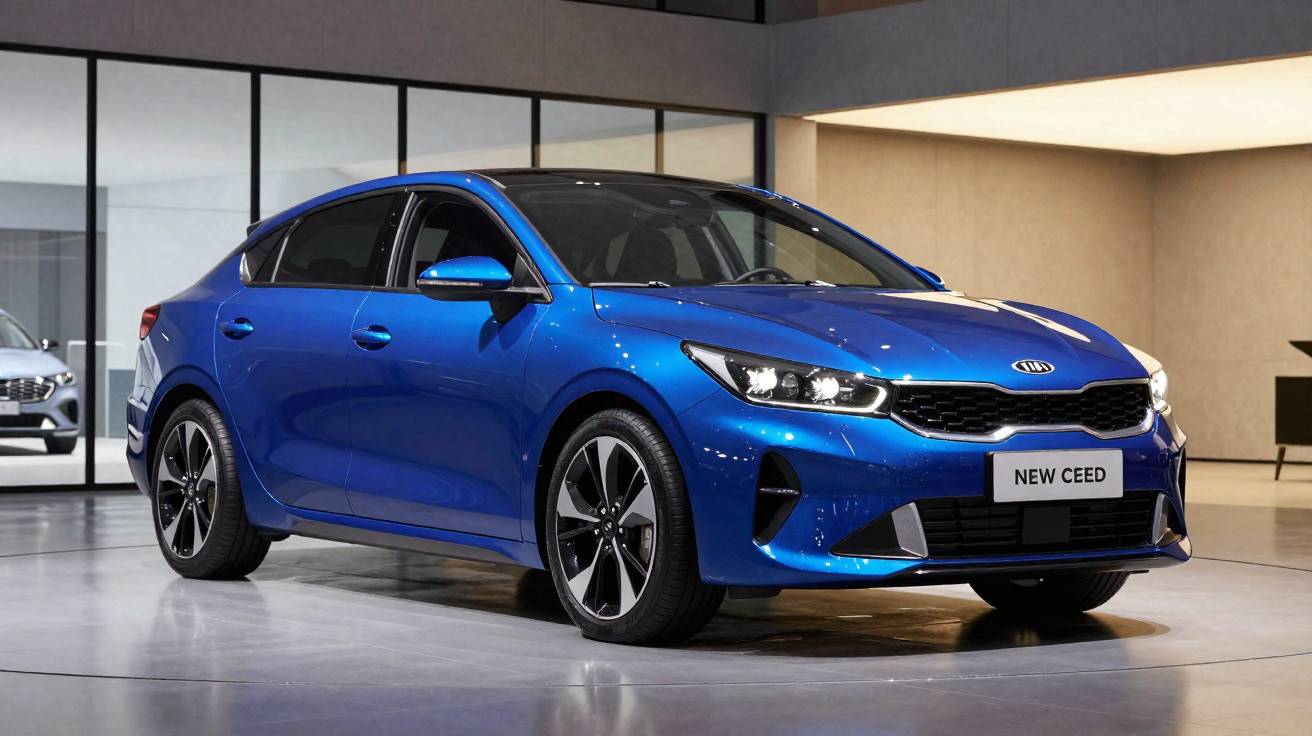 Carro sedã azul Kia New Ceed exposto em ambiente moderno com piso claro e paredes de vidro.