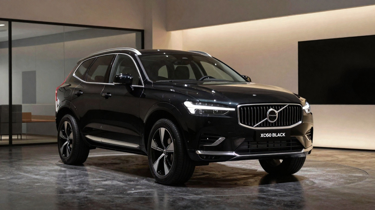SUV Volvo XC60 preto estacionado em salão moderno com piso escuro e parede clara.