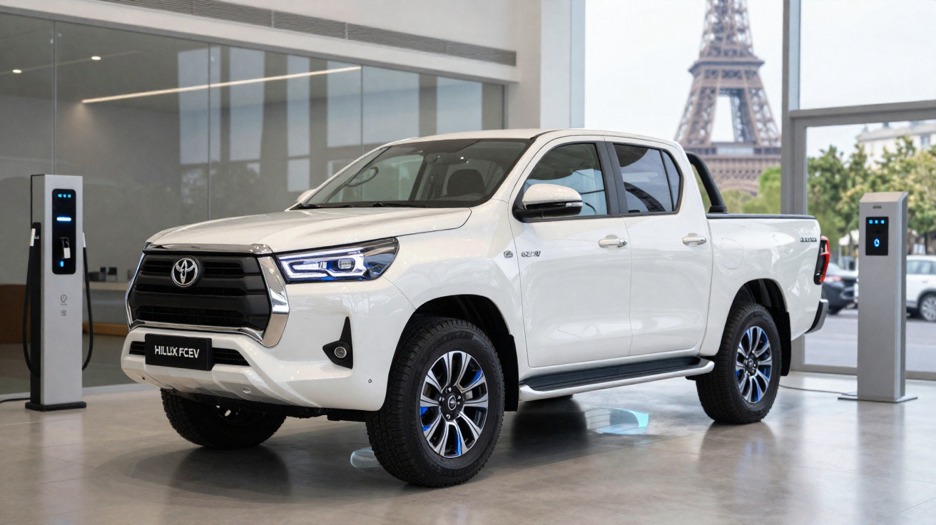 Picape Toyota Hilux FCEV branca em showroom com Torre Eiffel ao fundo e estações de recarga elétrica.