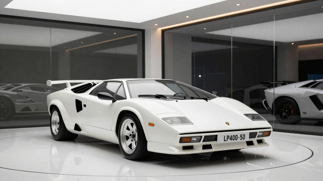 Carro esportivo Lamborghini branco modelo LP400-50 em exposição em ambiente moderno com piso branco.
