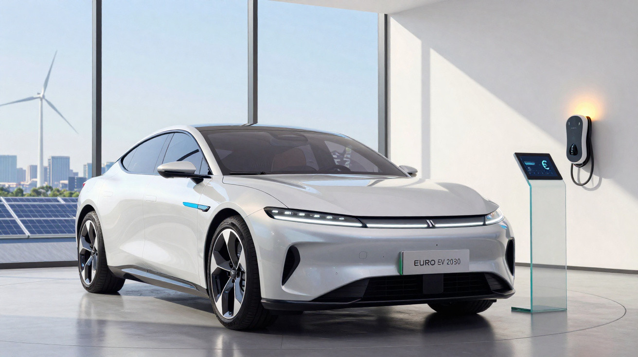 Carro elétrico branco estacionado em sala com painel solar, turbina e estação de recarga na parede.