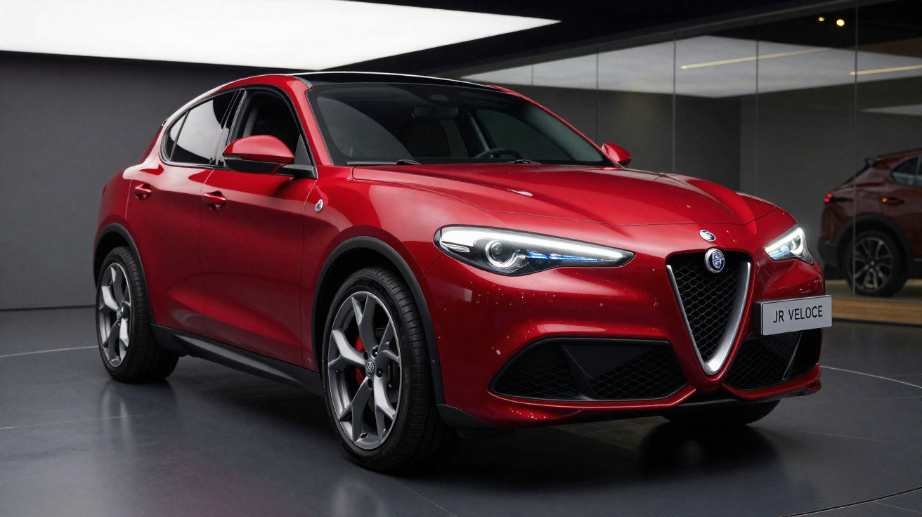 Carro esportivo Alfa Romeo vermelho JR Veloce em ambiente interno com iluminação moderna.