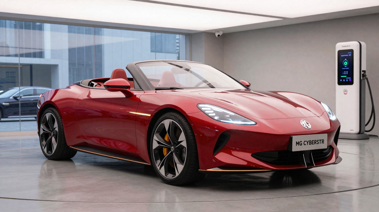 Carro esportivo conversível vermelho MG Cyberster em showroom moderno com estação de carregamento elétrico.