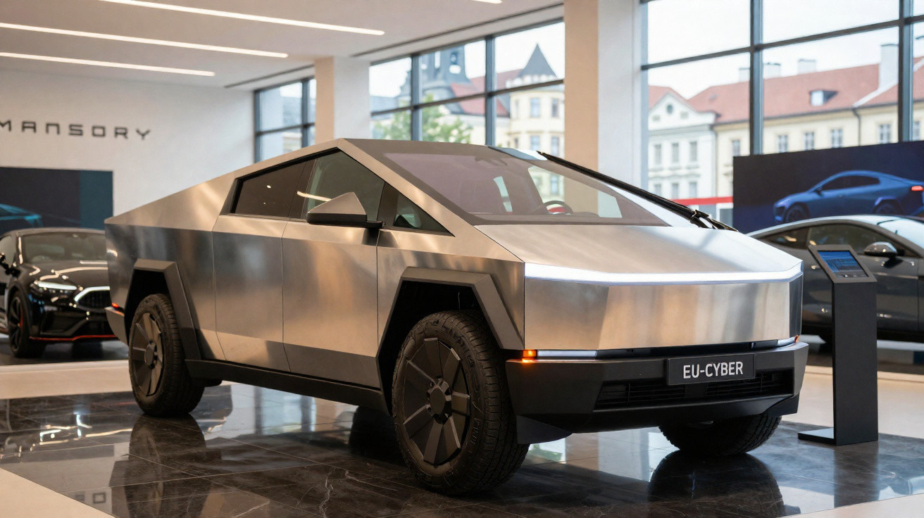 Carro elétrico Tesla Cybertruck prata com design angular em showroom moderno com janelas amplas.