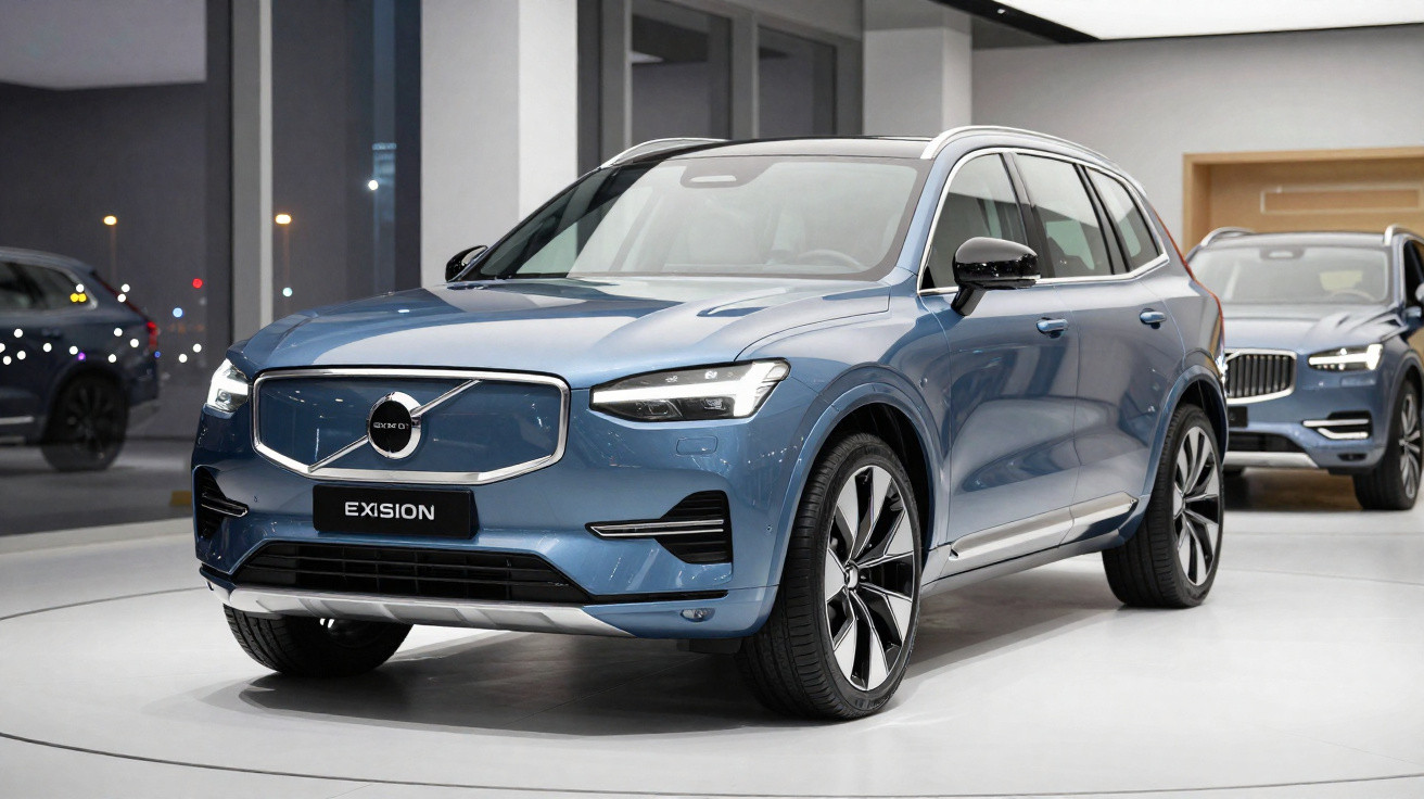 SUV Volvo elétrico azul modelo Exsion em exposição interna com outro SUV ao fundo.