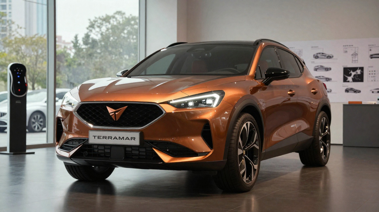 Carro elétrico Cupra Terramar bronze em exposição em showroom moderno com carregador ao lado.