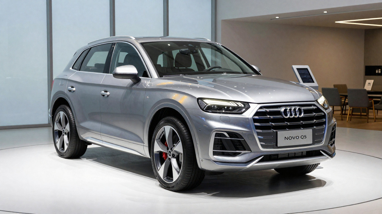Carro SUV Audi Novo Q5 prata em exposição, visto de frente e lado esquerdo, em ambiente moderno.