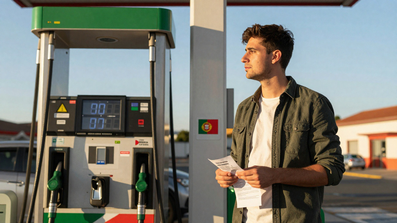 Homem jovem segurando papel ao lado de bomba de combustível em posto de gasolina ao entardecer.