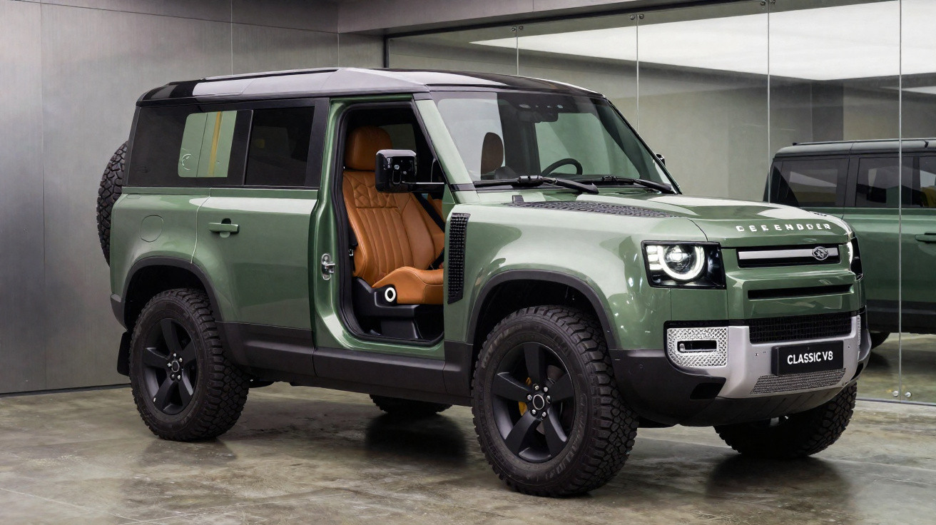 SUV verde modelo Defender com pneus grandes, porta aberta e interior de couro marrom, em garagem espelhada.