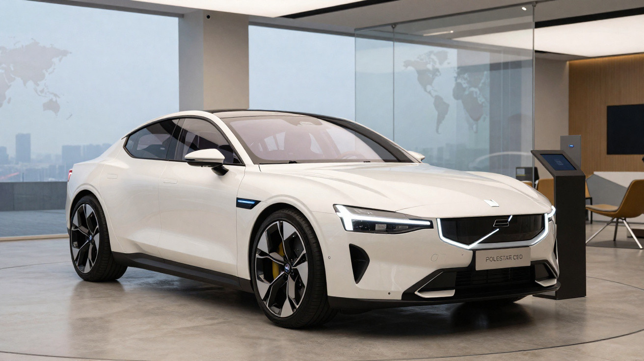 Carro elétrico branco Polestar 6 exibido em ambiente interno moderno com sofá e cadeira ao fundo.