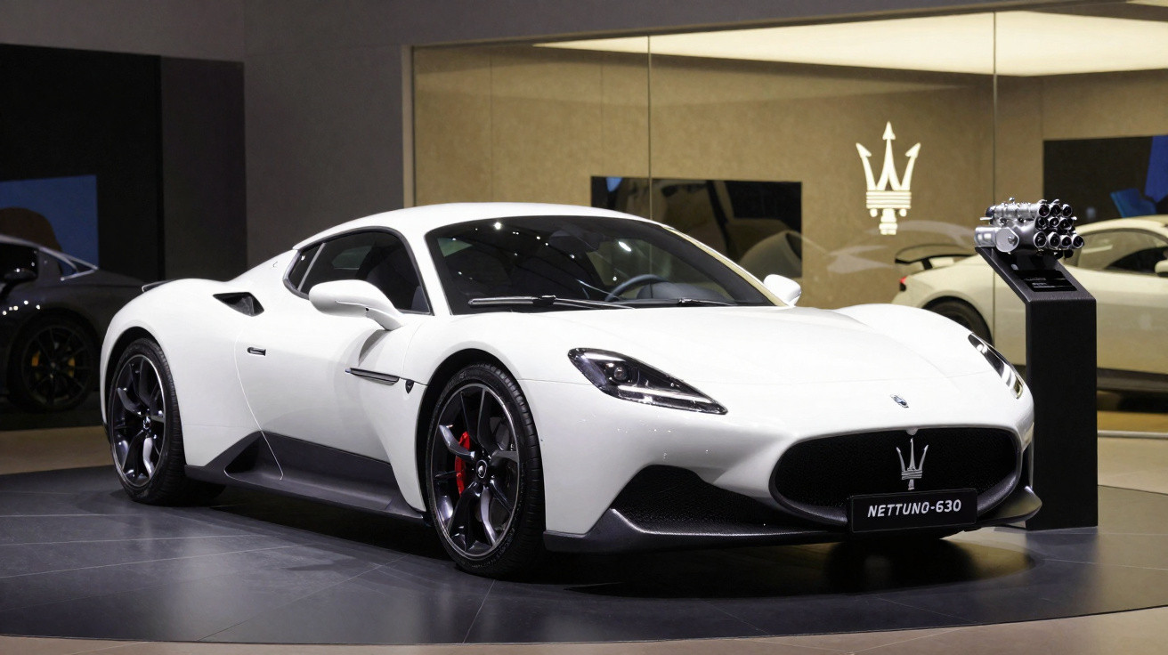Carro esportivo branco Maserati Nettuno-630 em exposição, com logo tridente ao fundo.