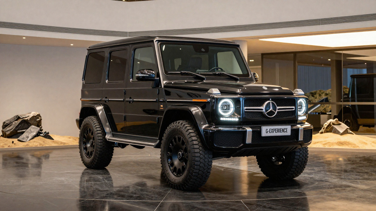 Mercedes-Benz G-Class preta estacionada em showroom moderno com iluminação suave e piso refletivo.