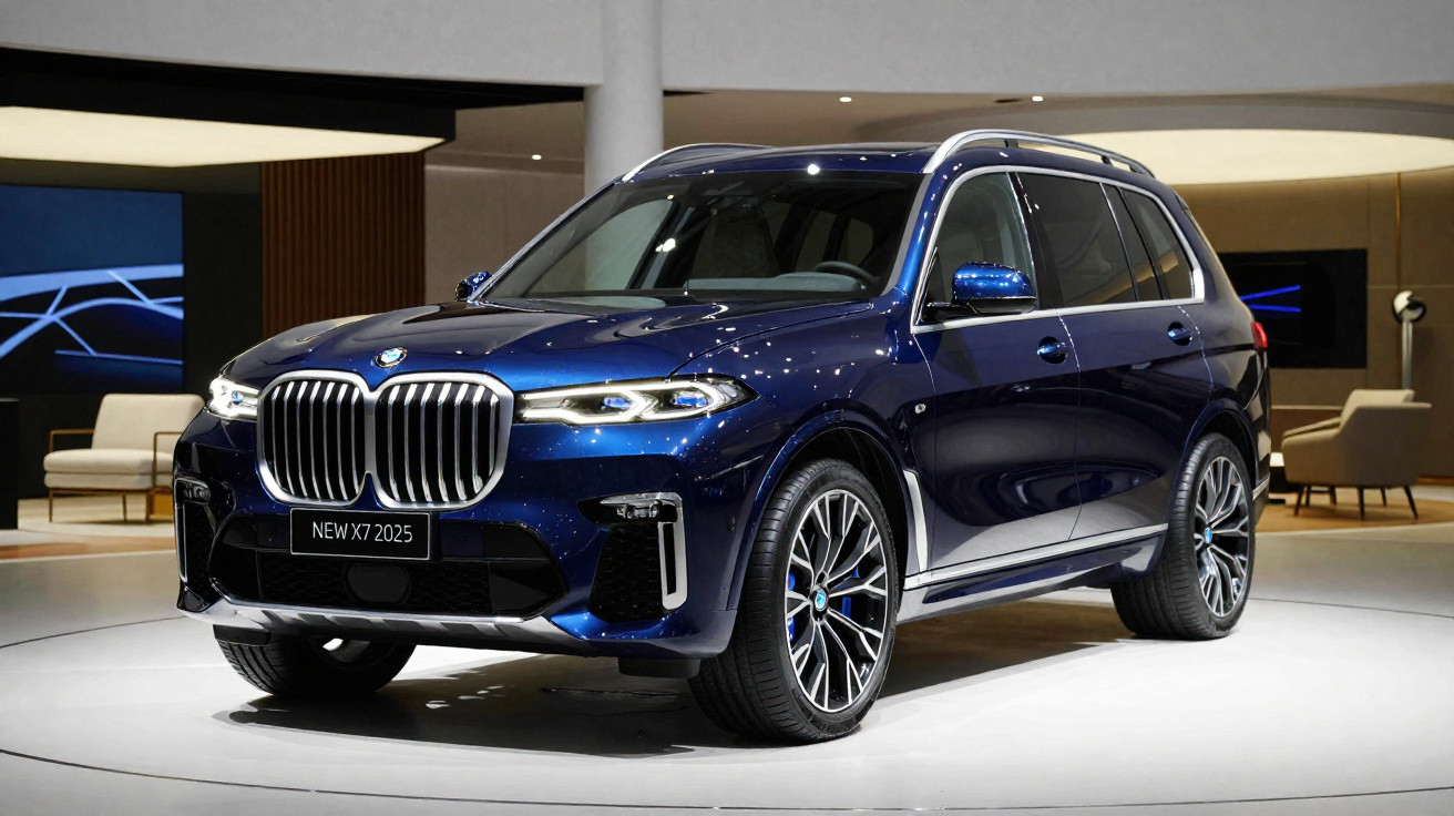 Carro SUV BMW X7 2025 azul metálico exibido em showroom moderno e iluminado.