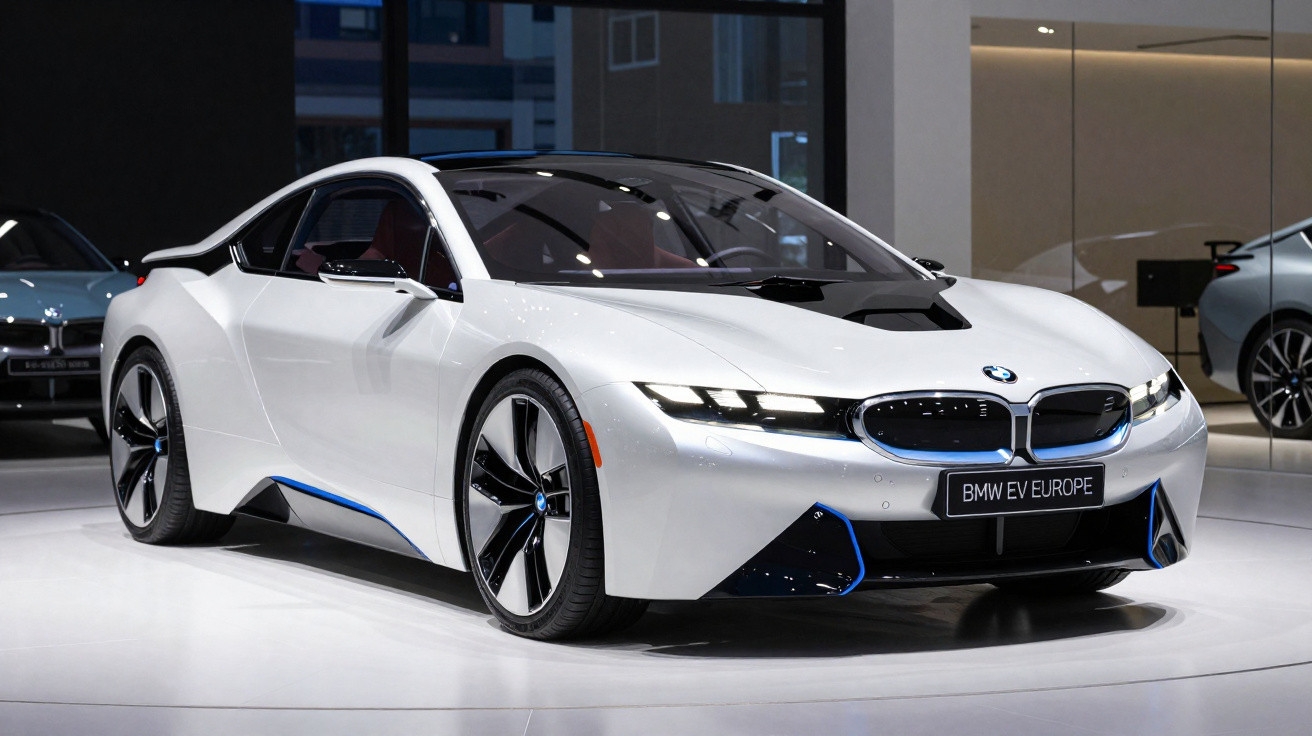 Carro elétrico esportivo BMW branco exibido em showroom moderno com iluminação brilhante.