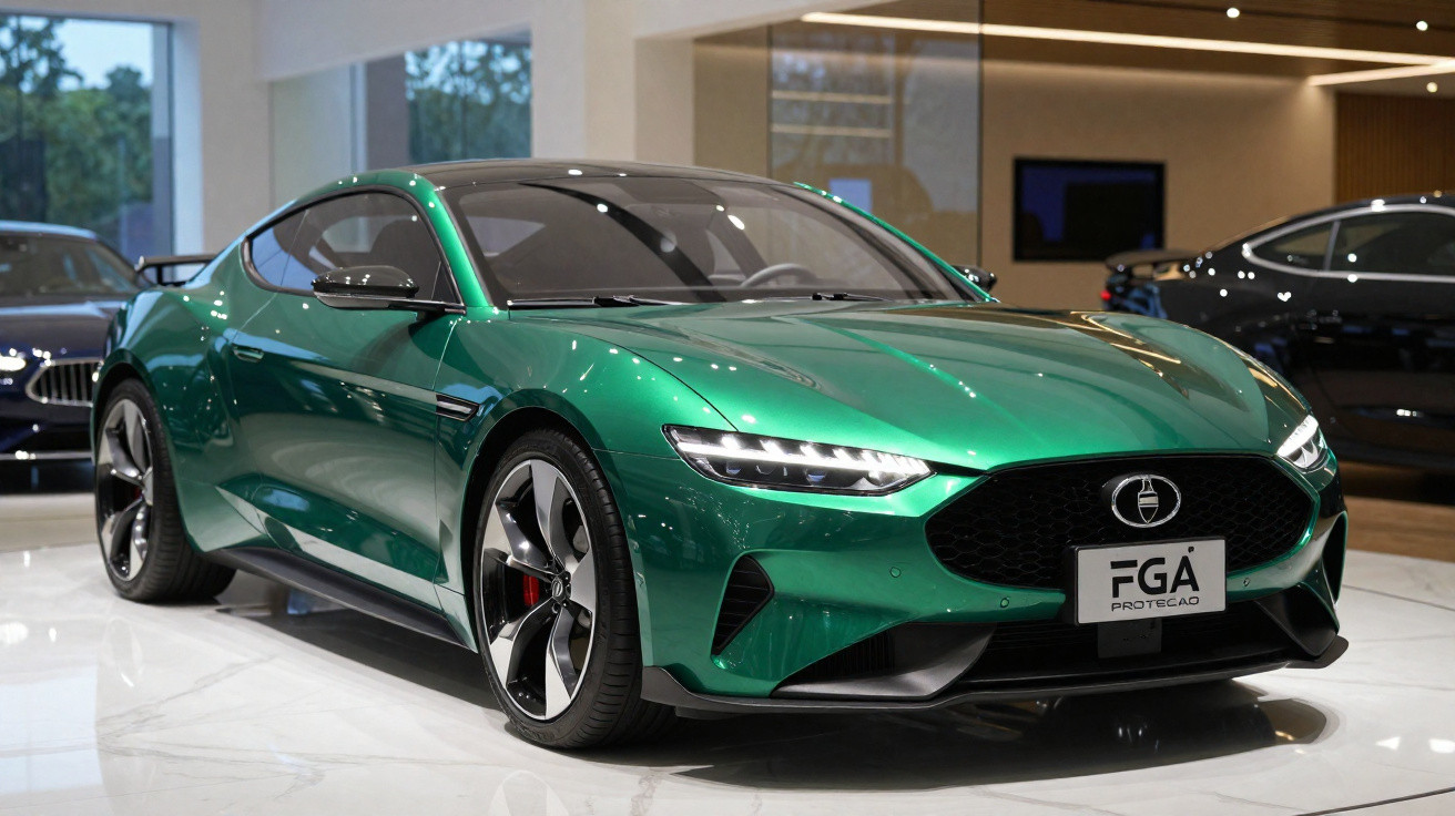 Carro esportivo verde metálico em showroom com iluminação moderna e piso branco brilhante.