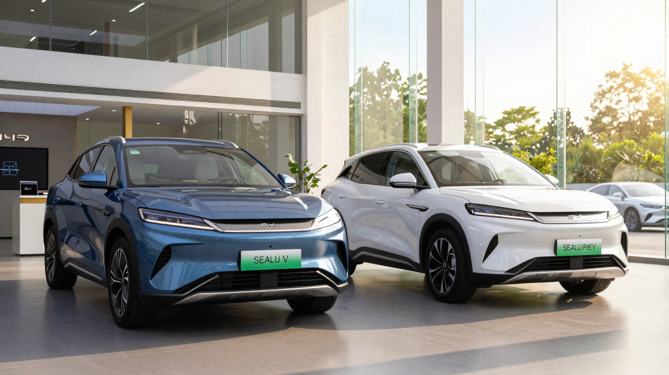 Dois carros elétricos BYD Seal U V, um azul e um branco, em showroom moderno com grandes janelas.