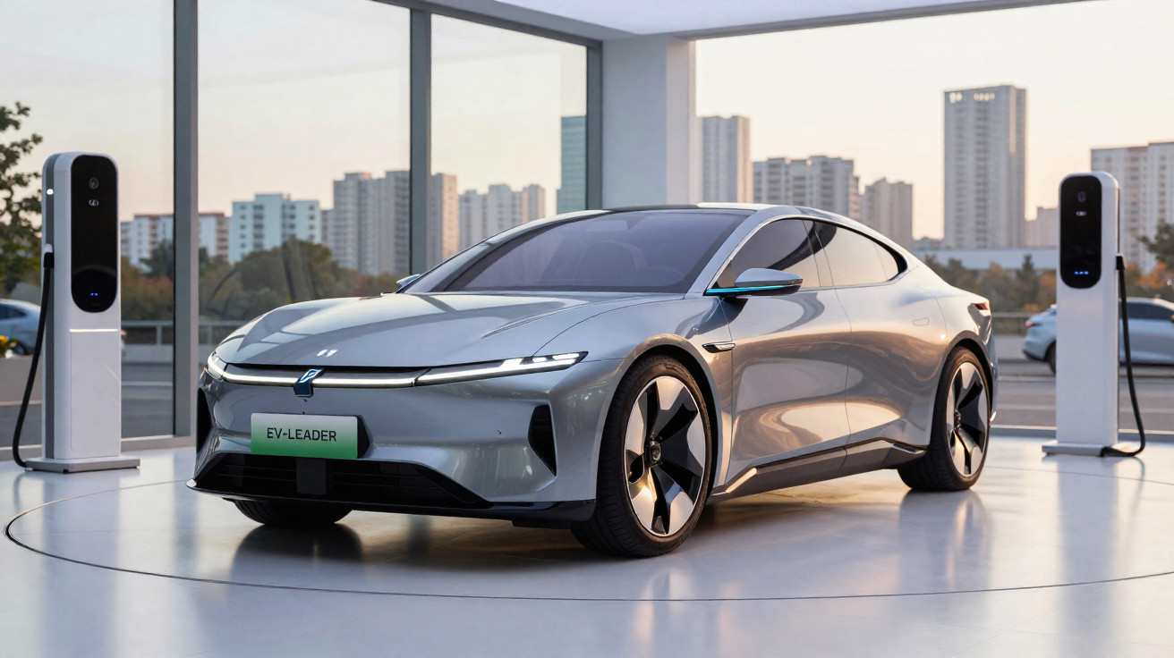 Carro elétrico prata estacionado entre duas estações de recarga em ambiente urbano moderno.