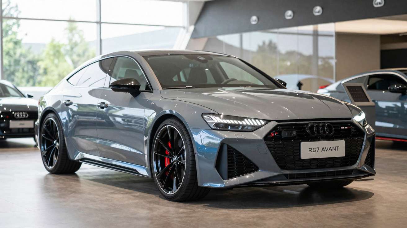 Audi RS7 Avant cinza metálico estacionado em showroom moderno com rodas pretas e detalhes vermelhos.