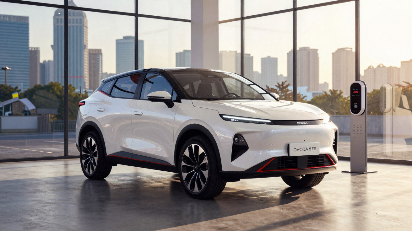 Carro elétrico branco modelo OMODA 5 ES estacionado em showroom com painel de vidro e cenário urbano ao fundo.