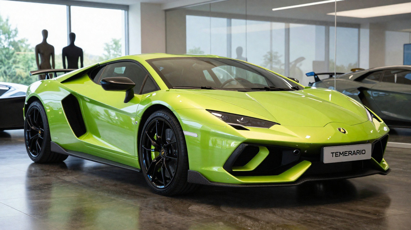 Carro esportivo verde-limão Lamborghini estacionado em showroom moderno com piso de porcelanato.