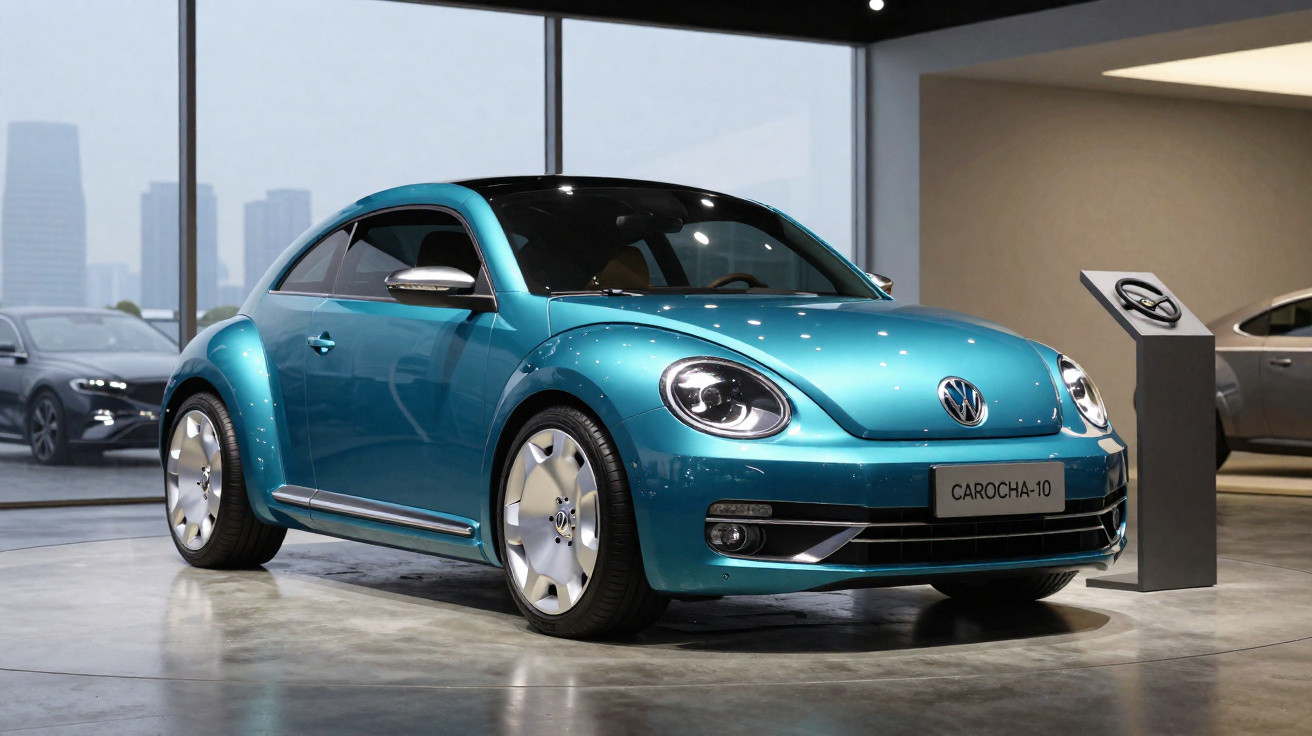 Carro Volkswagen Fusca azul metálico exibido em showroom moderno com janela grande ao fundo.