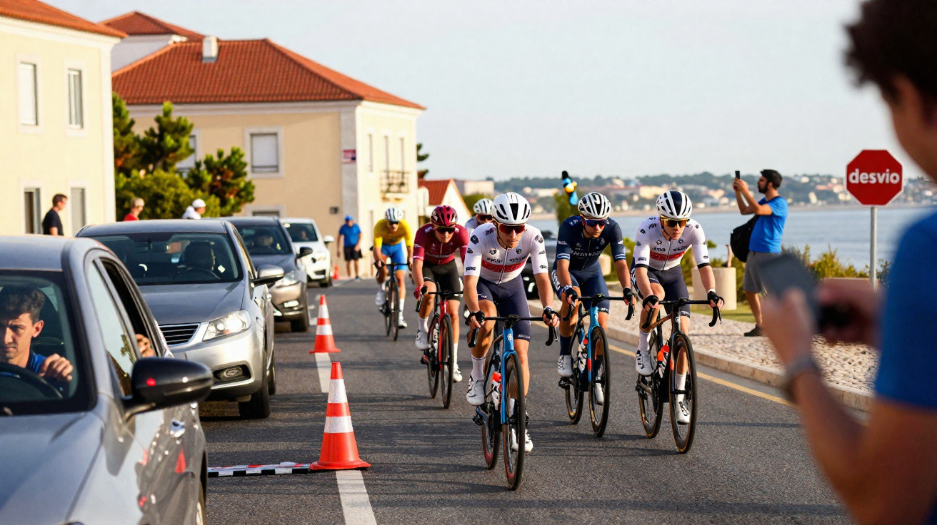 Ciclistas em competição em rua à beira-mar com cones e carros ao lado, pessoas observando e fotografando.