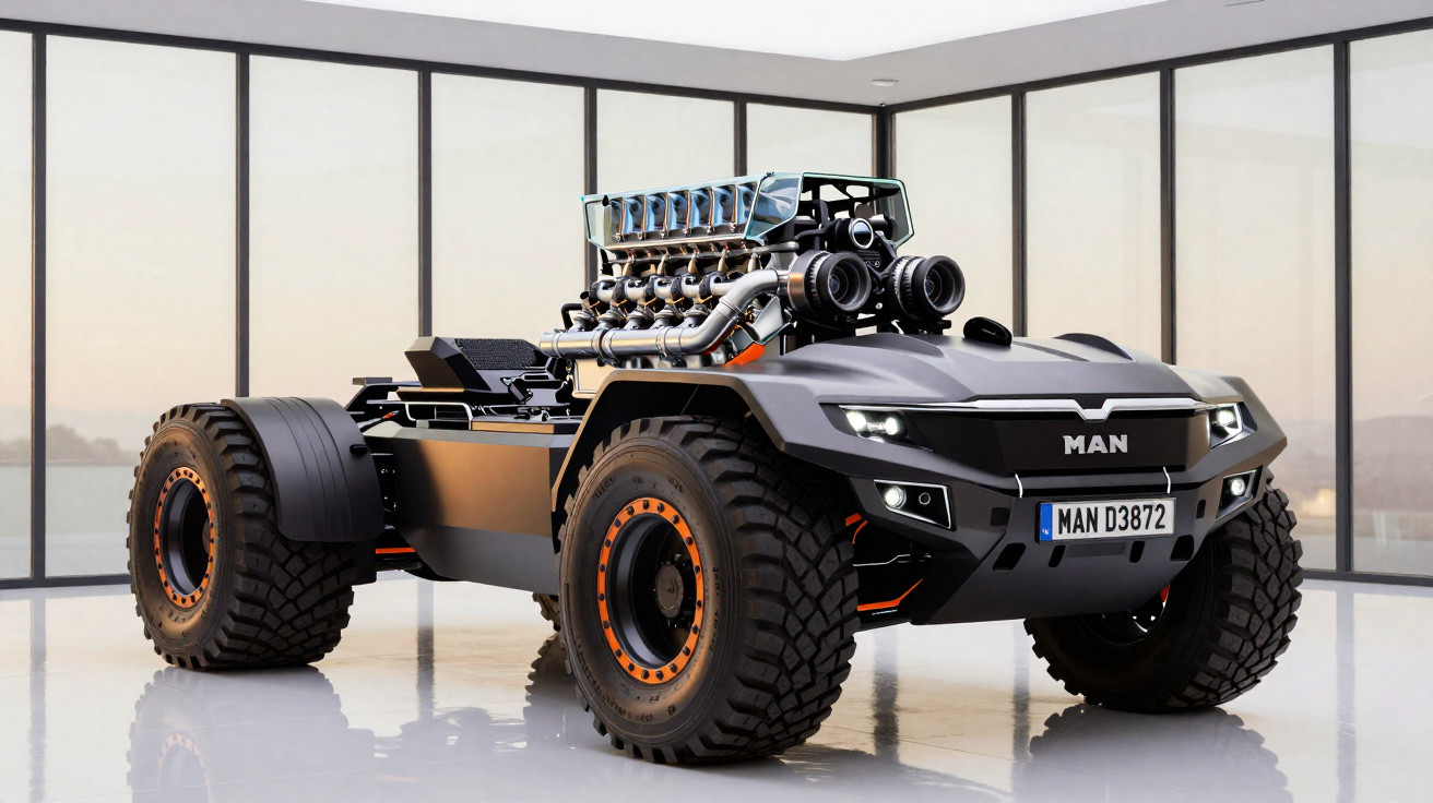 Veículo off-road robusto com motor exposto e pintura cinza, em ambiente interno com janelas grandes.