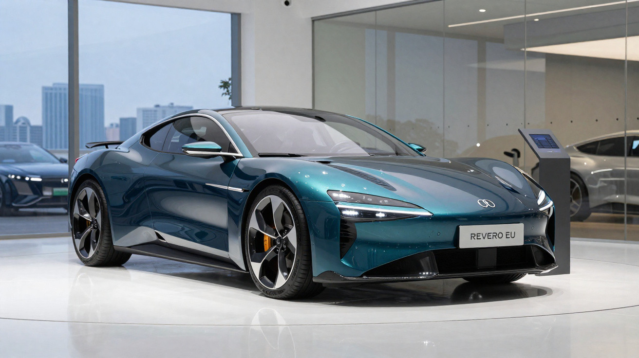 Carro elétrico esportivo verde metálico Revero EU em exposição dentro de showroom moderno.