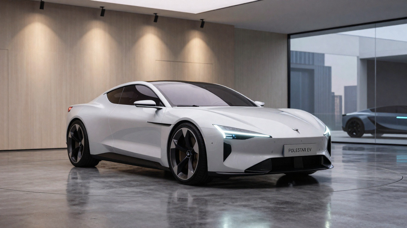 Carro elétrico Polestar EV branco estacionado em ambiente interno moderno com piso de concreto polish