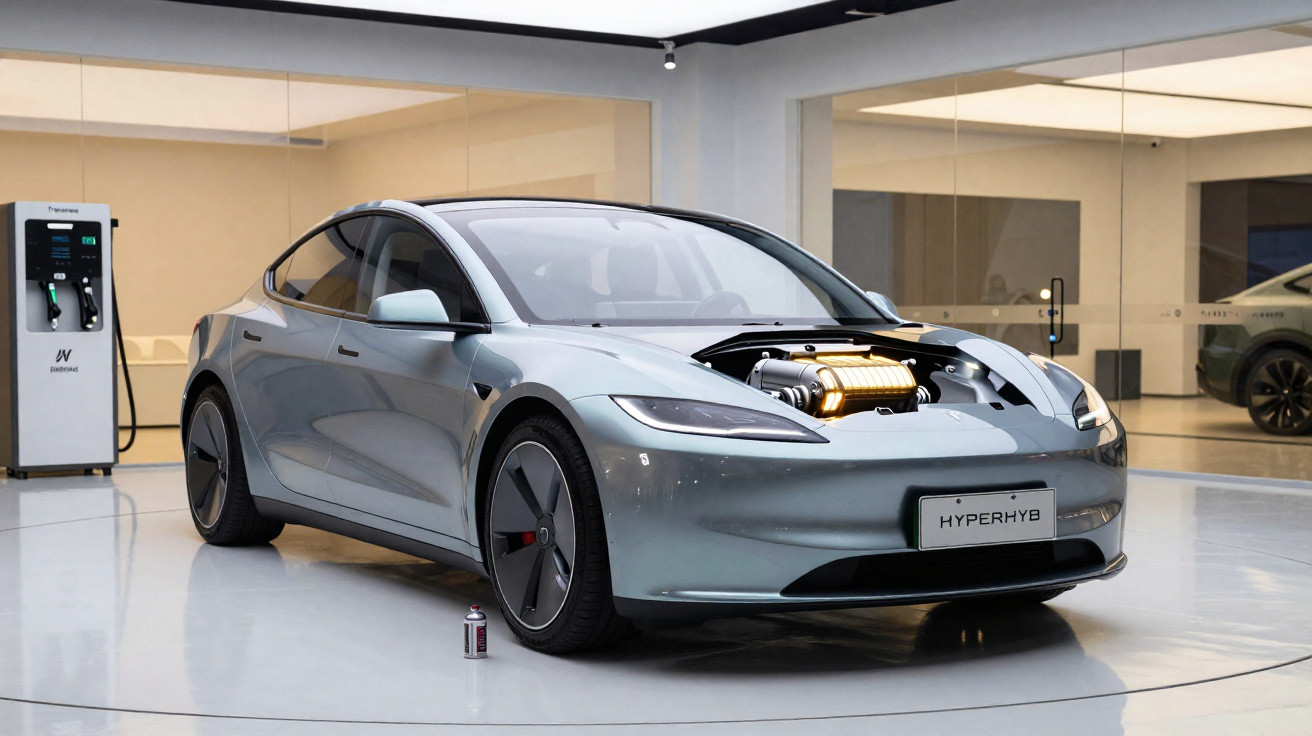 Carro elétrico cinza em exposição com capô aberto mostrando motor, próximo a carregador em ambiente moderno.
