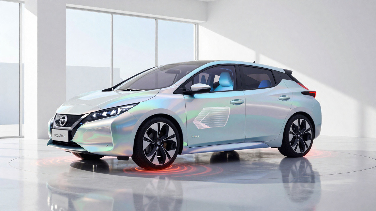 Carro elétrico Nissan compacto prata com design moderno em estúdio minimalista branco.