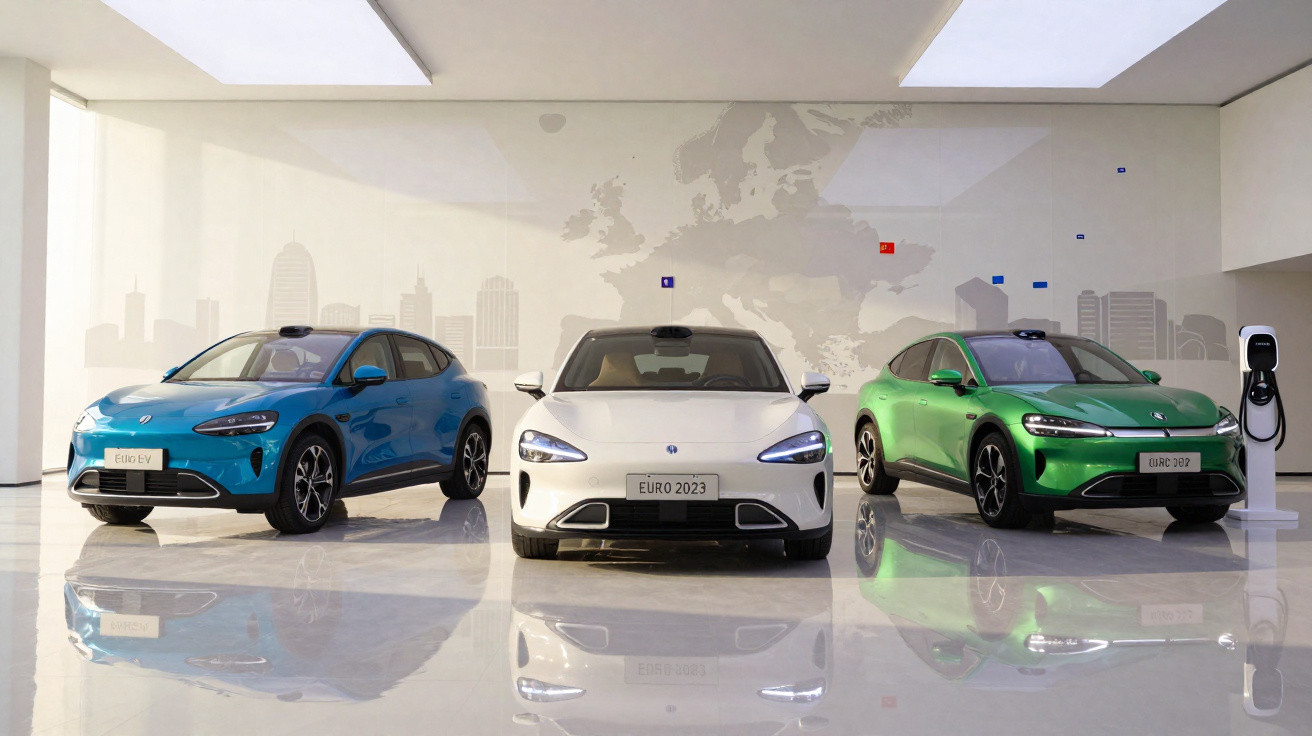 Três carros elétricos coloridos (azul, branco e verde) exibidos em ambiente interno moderno e iluminado.