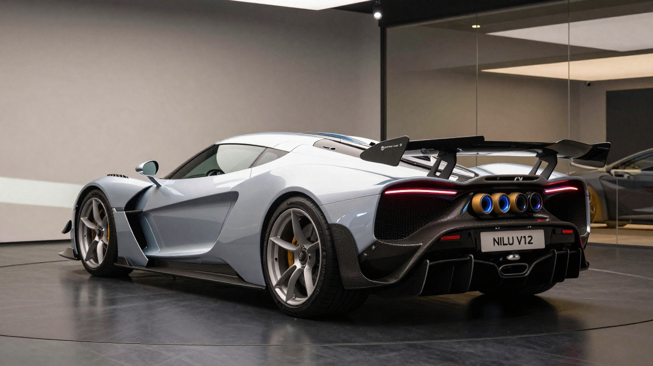 Carro esportivo branco com três escapamentos traseiros azuis e aerofólio em showroom moderno.
