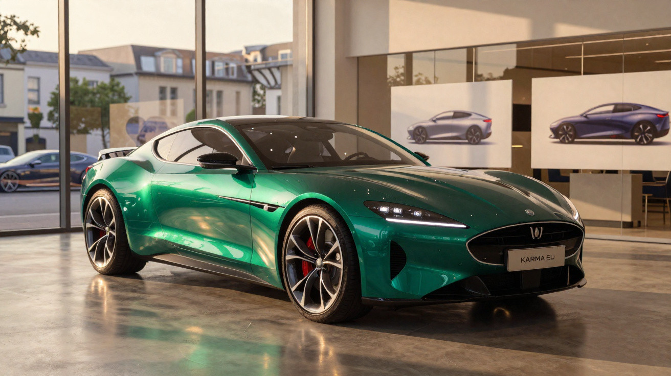 Carro esportivo verde metálico Karma EU exposto em showroom com design aerodinâmico e rodas grandes.