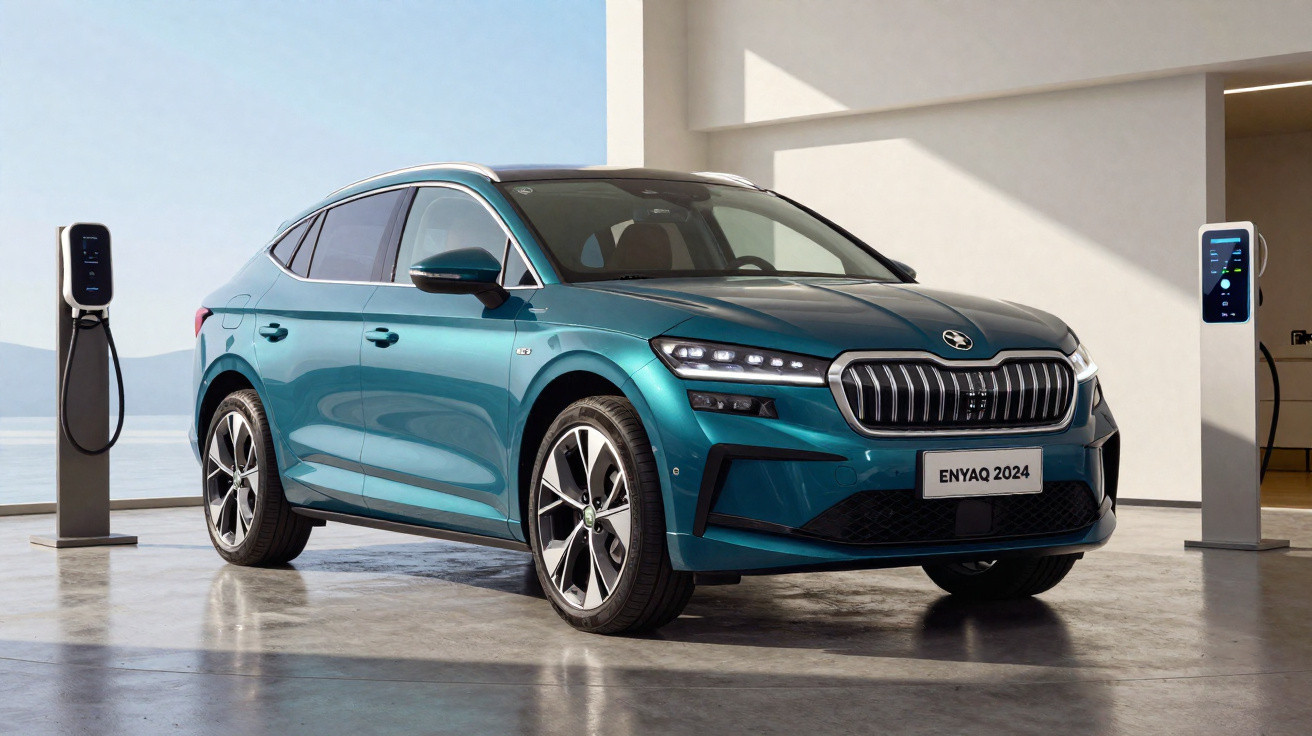 Carro elétrico Škoda Enyaq 2024 azul estacionado entre duas estações de carregamento em garagem iluminada.