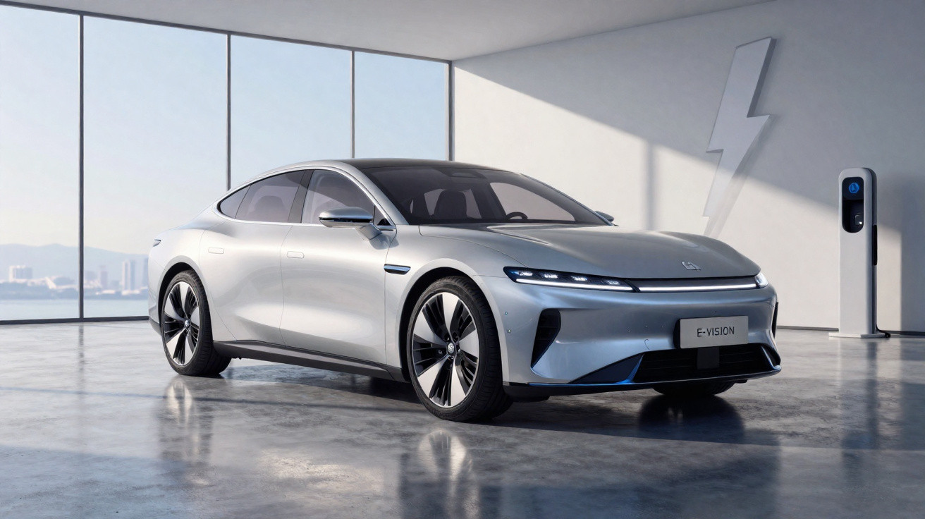 Carro elétrico prata estacionado em garagem moderna com parede branca e símbolo de raio ao fundo.