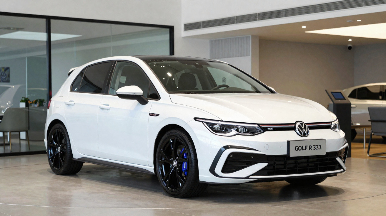 Carro Volkswagen Golf R 333 branco em showroom moderno com rodas pretas e detalhes em azul.