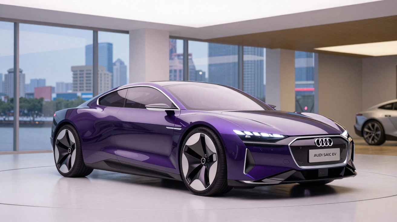 Carro esportivo elétrico Audi SAIC EV roxo em ambiente interno moderno com janelas panorâmicas.