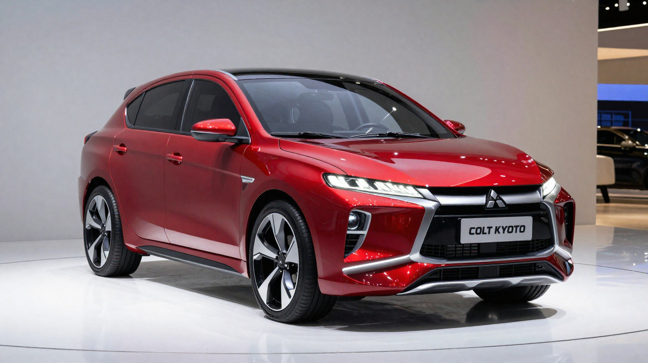 Carro hatch vermelho Mitsubishi Colt Kyoto em exposição, vista frontal lateral direita.