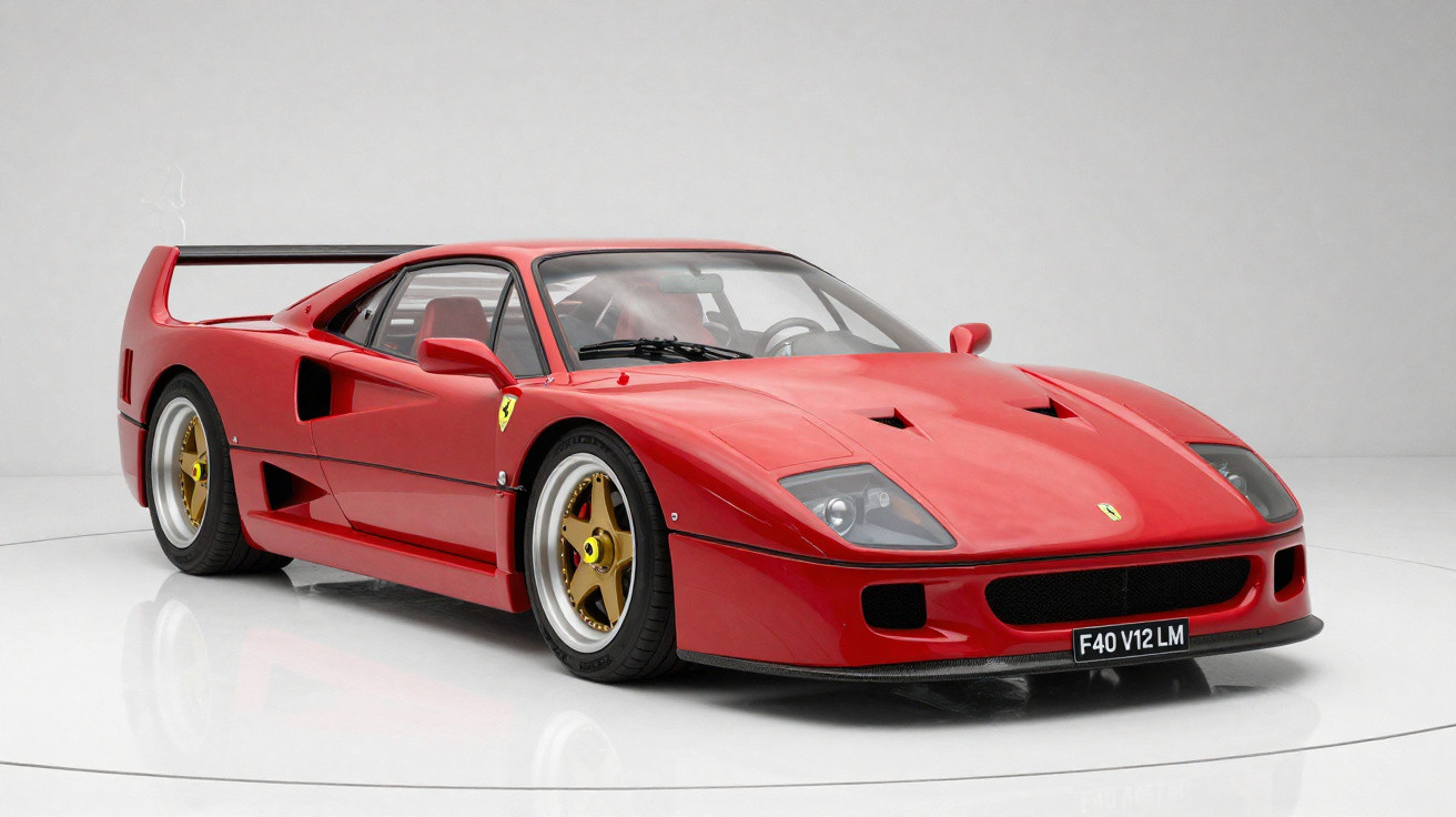 Carro esportivo Ferrari F40 vermelho, vista frontal lateral em estúdio branco.