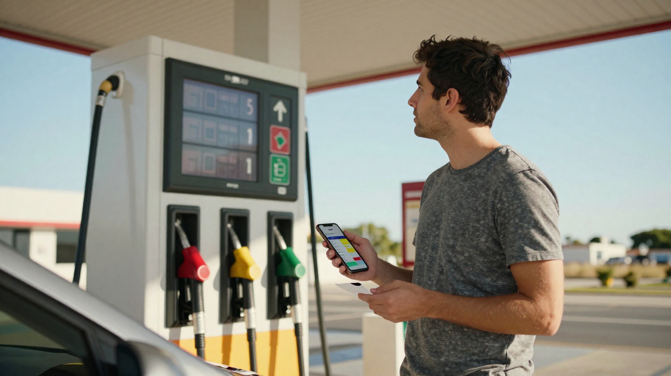 Homem segurando celular em posto de gasolina próximo a bomba de combustível com três bicos coloridos.