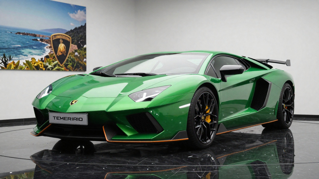 Carro esportivo verde Lamborghini Aventador estacionado em ambiente interno com piso refletivo.