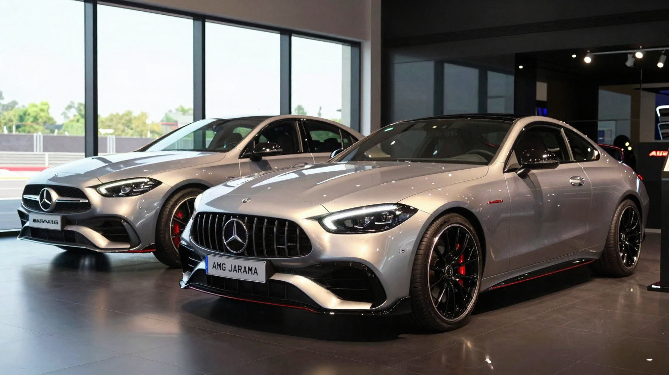 Dois carros esportivos Mercedes-Benz AMG prata expostos em showroom iluminado.