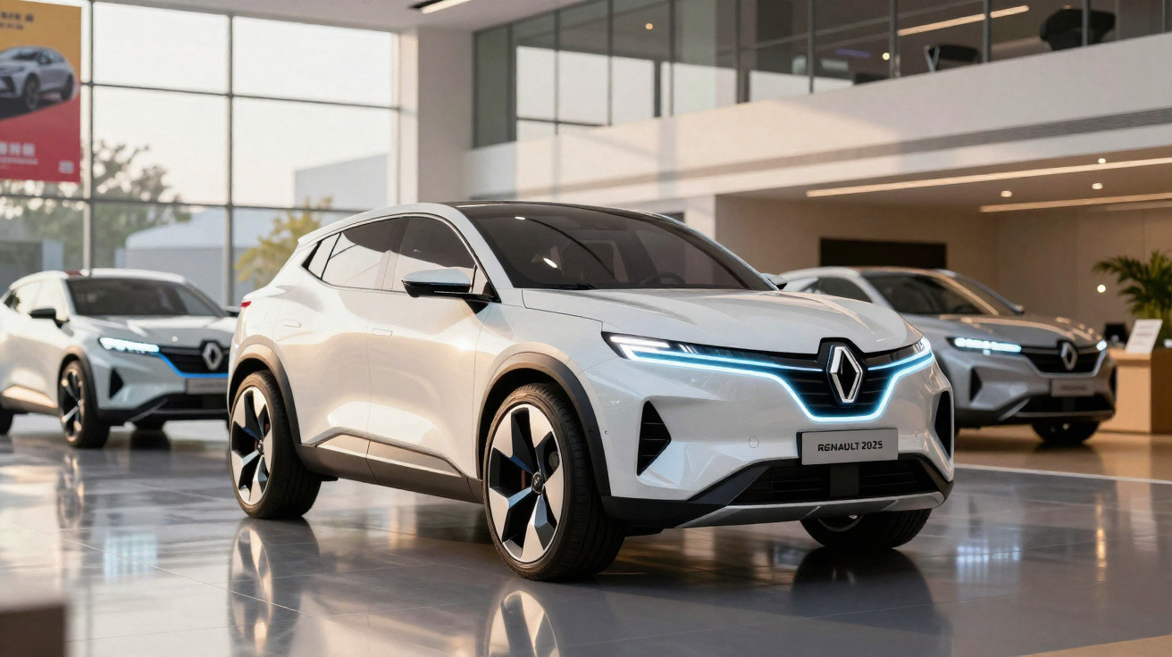 Carros elétricos Renault 2025 brancos expostos em showroom moderno e iluminado.